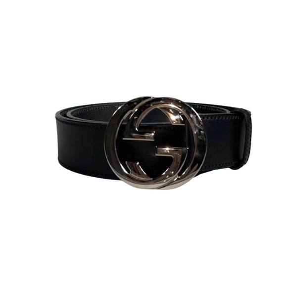 Gucci Black Belt with Shiny Silver Logo Buckle